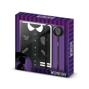 Wednesday Addams Notizbuch und Stift Set, schwarzes Varsity-Jacke Design, Geschenkbox - Schreibwaren