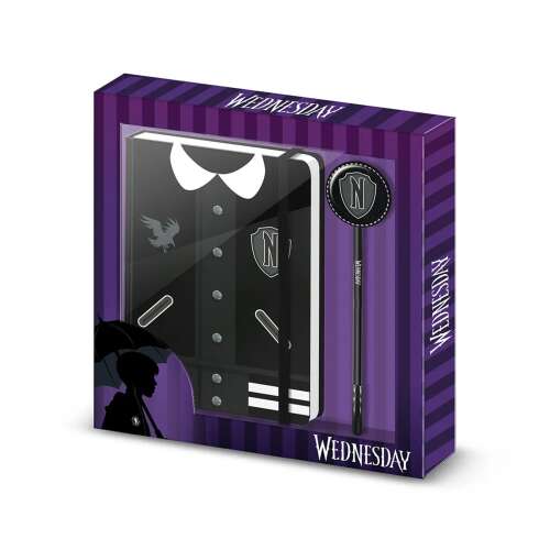 Wednesday Addams Notizbuch und Stift Set, schwarzes Varsity-Jacke Design, Geschenkbox