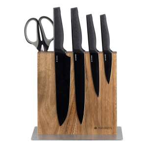 Navaris magnetic knife holder with walnut wood and stainless steel base, holding a set of black knives - Navaris