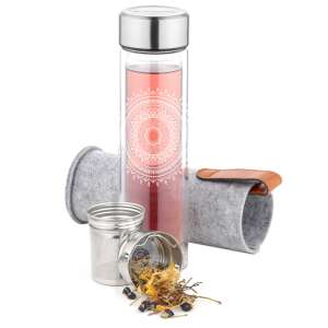Navaris double-walled glass tea bottle with infuser, 500ml, comes with a felt sleeve and tea strainer - Thermos and Beverage Holder
