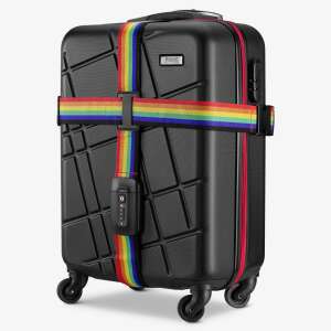 Navaris luggage strap with TSA approved lock and ID tag, rainbow color, securing a black suitcase - Keychain