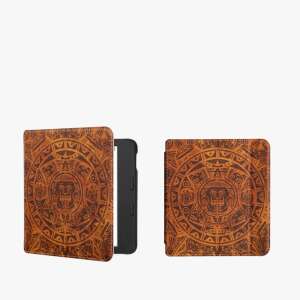 Puzdro na e-čítačku Tolino Vision 6 s aztéckým vzorom, hnedá syntetická koža, magnetické zapínanie, otvorený a zatvorený pohľad - Počítače a doplnky