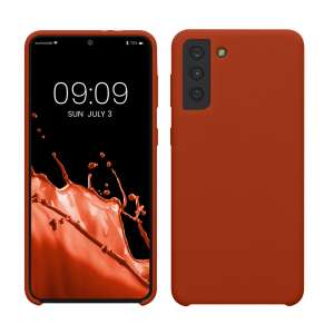 Кафяв силиконов калъф Kwmobile за Samsung Galaxy S21 Plus, преден и заден изглед - Телефонни контакти