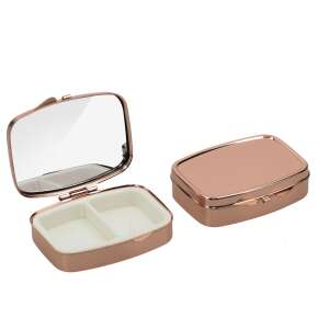 Kwmobile rose gold pill box with two compartments, open and closed view with mirror - Drug dispenser