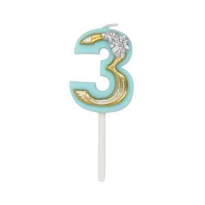 Giftdesign number 3 birthday candle, blue with gold and silver decorations, flower collection, party candles - Birthday Candle & Cake Topper