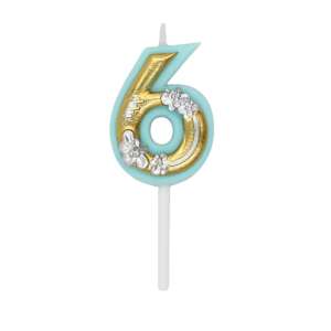 Giftdesign Number 6 Birthday Candle, Flower Collection, Blue and Gold, with Flowers - Birthday Candle & Cake Topper