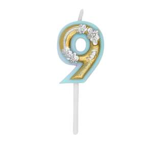 Giftdesign Flower Collection Number 9 Birthday Candle, blue and gold - Birthday Candle & Cake Topper