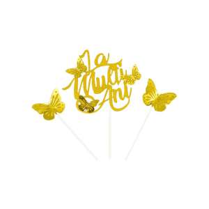 Golden glitter cake topper with butterflies and 'La Multi Ani' inscription - Celebright Birthday Candle & Cake Topper