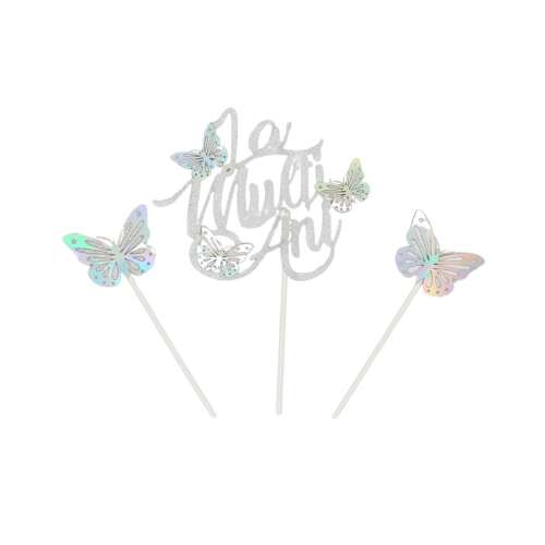 Topper pentru tort cu sclipici argintiu, fluturi și inscripția 'La Multi Ani'