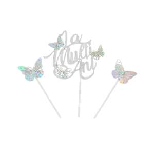 Silver glitter cake topper with butterflies and 'La Multi Ani' inscription - Party Supply
