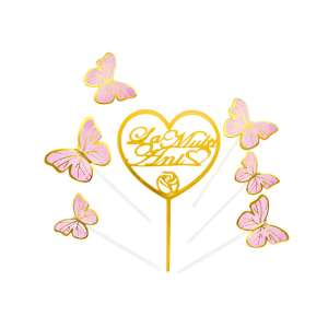 Cake topper with golden heart and butterflies, Happy Birthday in Spanish - Birthday Candle & Cake Topper
