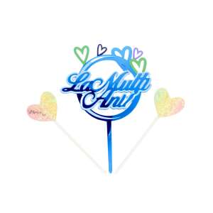 Niebieski okrągły topper do ciasta z napisem 'La Multi Ani' i sercami, dekoracja do ciasta - Rekwizyty imprezowe