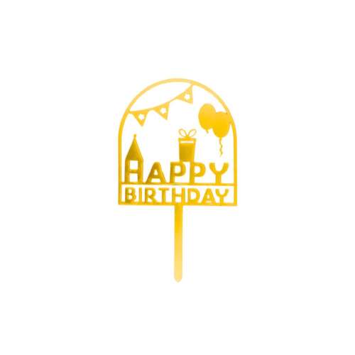 Topper pentru Tort Happy Birthday Auriu cu Baloane și Cadou