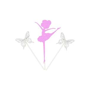 Pink glitter ballerina cake topper with butterflies, cake decoration - Party Decoration