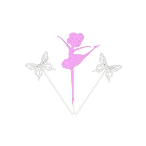 Pink glitter ballerina cake topper with butterflies, cake decoration