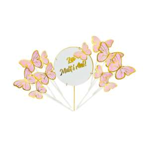 Pink and gold butterfly cake topper with 'La Multi Ani!' inscription - Birthday Candle & Cake Topper