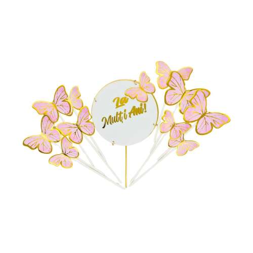 Topper pentru tort cu fluturi roz și aurii cu inscripția 'La Mulți Ani!'