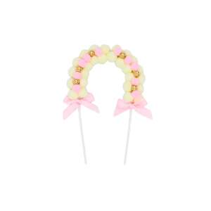 Pink and yellow cake topper with pom poms and bows - Birthday Candle & Cake Topper