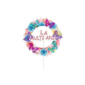 Cake topper with a floral wreath and butterflies, saying 'La multi ani' - Party Decoration