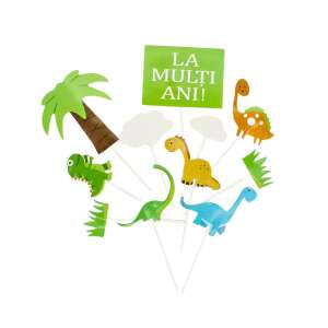 Dinosaur cake topper set with Happy Birthday sign, palm tree, clouds, and dinosaurs - Birthday Candle & Cake Topper