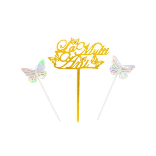 Happy Birthday Cake Topper with Butterflies, Gold, Cake Decoration