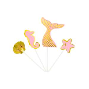 Pink and gold mermaid cake topper set with a mermaid tail, starfish, seashell, and seahorse - Party Supply