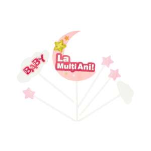 Pink moon and stars cake topper for baby shower or birthday, with 'Baby' and 'La Multi Ani!' text - Party Decoration