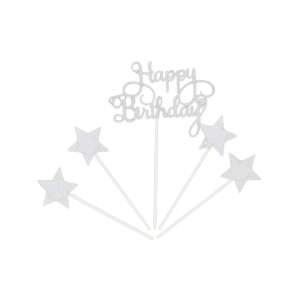 Topper pentru tort Happy Birthday cu sclipici argintiu și stele - Decoratiuni pentru tort