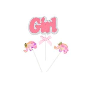Różowy błyszczący topper na tort 'Girl' z dwoma różowymi słoniami - Rekwizyty imprezowe