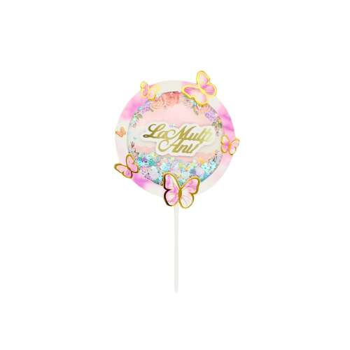 Decoratiune pentru tort La Multi Ani cu fluturi si sclipici, roz si violet