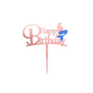 Różowo-złoty topper na tort z syreną z napisem Happy Birthday - Rekwizyty imprezowe