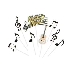 Cake topper with musical notes, guitar and Happy Birthday text in gold, perfect for birthday cakes - Birthday Candle & Cake Topper