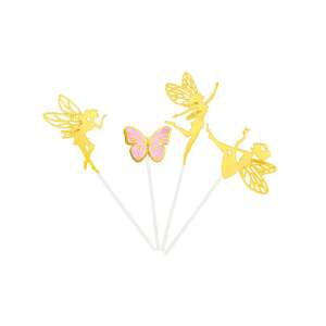 Gold fairy cake topper set with pink butterfly, perfect for decorating cakes and cupcakes - Birthday Candle & Cake Topper