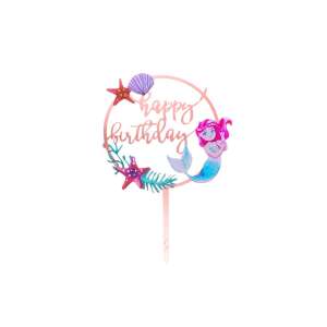 Mermaid Cake Topper Happy Birthday, pink and blue mermaid with seashells and starfish, rose gold circle with happy birthday text - Birthday Candle & Cake Topper