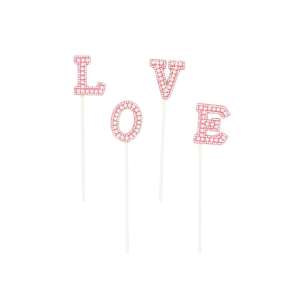 Dekoracja do tortu LOVE, różowe litery z perłowymi ozdobami, do dekorowania tortów i babeczek - Rekwizyty imprezowe