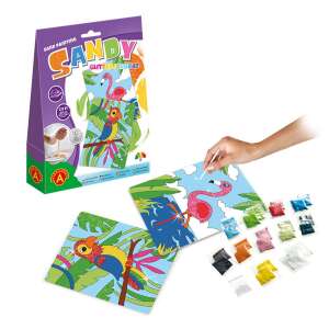 SANDY Glitter & Brokat Sand Painting Kit with Parrot and Flamingo design, 2 pictures, showing the contents of the kit - ALEXANDER