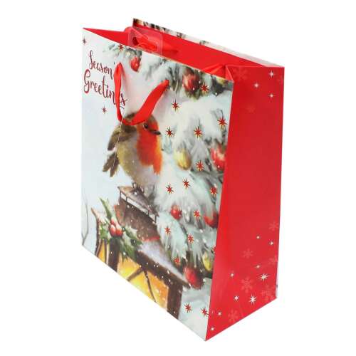 Nagy karácsonyi ajándéktáska, robin és lámpás mintával, piros szalaggal, 'Season's Greetings' felirattal - Ajándéktasak