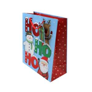 Pungă cadou de Crăciun, mărime XL, albastră cu Moș Crăciun, om de zăpadă, ren și design 'Ho Ho Ho' - Nonbrand Pungi cadou