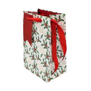 Pungă cadou de Crăciun cu design de vâsc și panglică roșie, SDE P HOLLY GLITTER - Nonbrand Pungi cadou