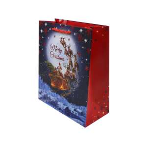 Geantă mare de cadouri de Crăciun cu design cu Moș Crăciun și reni, text Merry Christmas, culori roșu și albastru - Nonbrand Pungi cadou