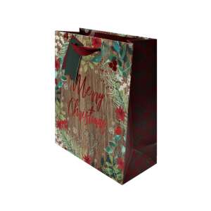 Sac de cadouri de Crăciun rustic mare cu textul "Merry Christmas" și design floral - Nonbrand Pungi cadou