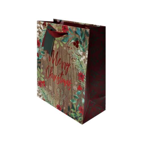 Sac de cadouri de Crăciun rustic mare cu textul "Merry Christmas" și design floral