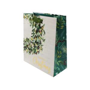 Pungă cadou de Crăciun cu design de ghirlandă, text Merry Christmas, culori verde și auriu - Nonbrand Pungi cadou