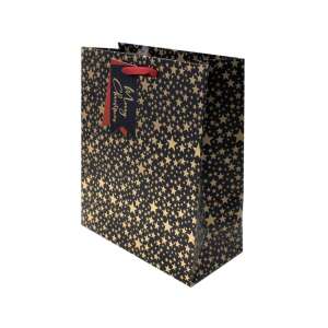 Geantă cadou neagră mare cu stele aurii și panglică roșie, etichetă Merry Christmas, SDE L GOLD STAR - Nonbrand Pungi cadou