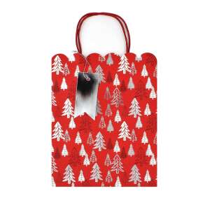 Sac cadou roșu de Crăciun cu model de copaci argintii, dimensiune M, marca SDE, vedere din față - Nonbrand Pungi cadou