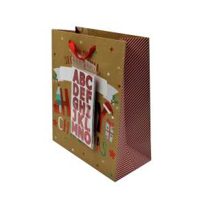 Large brown Christmas gift bag with red ribbon and 'Happy Christmas' design, includes alphabet stickers - Art & Craft