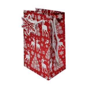 Червена коледна подаръчна торбичка с модел на елени и снежинки, SDE P NORDIC METALLIC - Изкуства и хобита