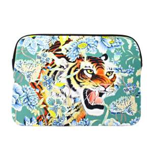 JUNGLE 13" tablet case with tiger design, green and blue floral pattern, Moroccan craftsmanship - Laptop Bag and Case