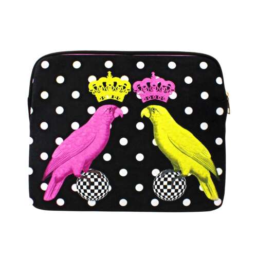 QUEEN&KING 13 Zoll Tablet Hülle mit Papageien- und Kronen-Design, schwarz mit weißen Punkten