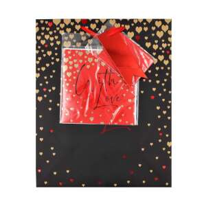 Pungă cadou neagră cu inimi roșii și sclipici auriu, cu panglică roșie și etichetă cu inscripția 'With Love', pungă cadou de Valentine's Day - Nonbrand Pungi cadou
